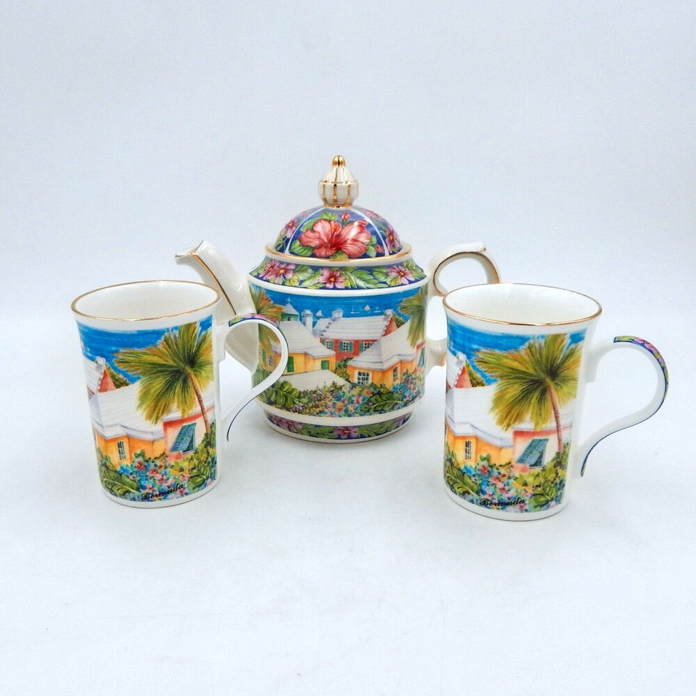 Sadler England Bermuda Island Gold Trim Tropical Porcelain Tea 3 PC Set